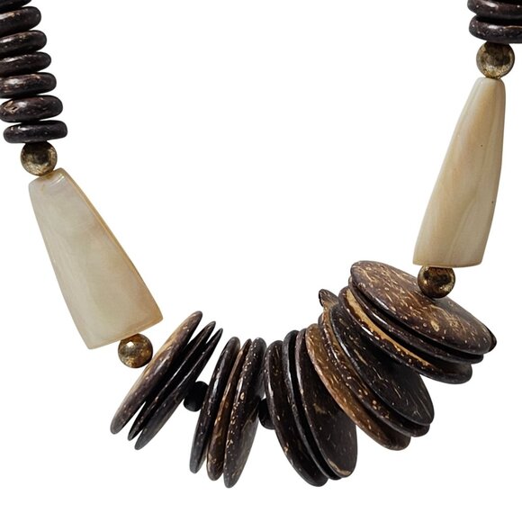 Boho Handmade Coconut Shell Faux Bone Bead Necklace Natural Brown Beach Mens - Picture 2 of 6
